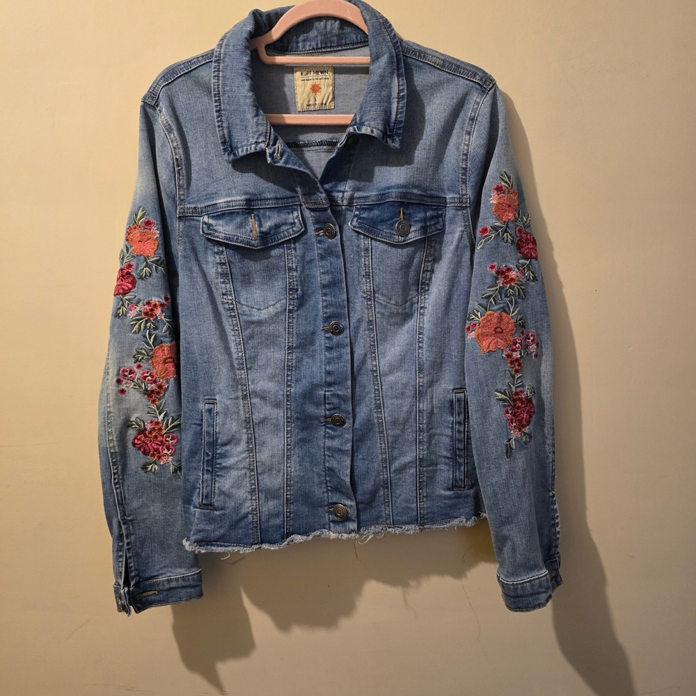 Ruff Hewn Jean Jacket Womens L Blue Floral Embroidered Sleeve Frayed Hem Denim - Picture 2 of 9
